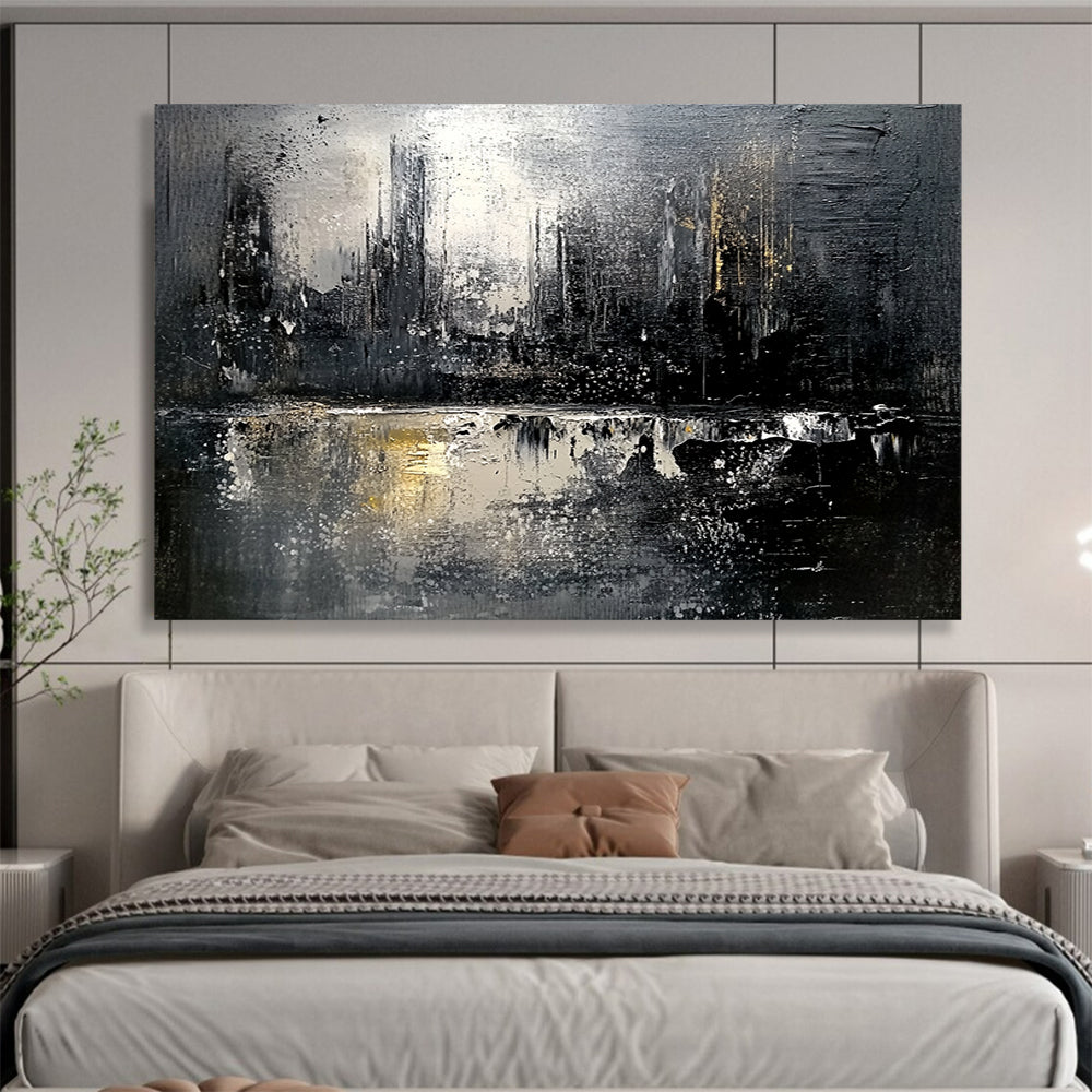 “Monochrome Cityscape Reflection” - Black, White, Gold, Abstract City Reflection HB1129