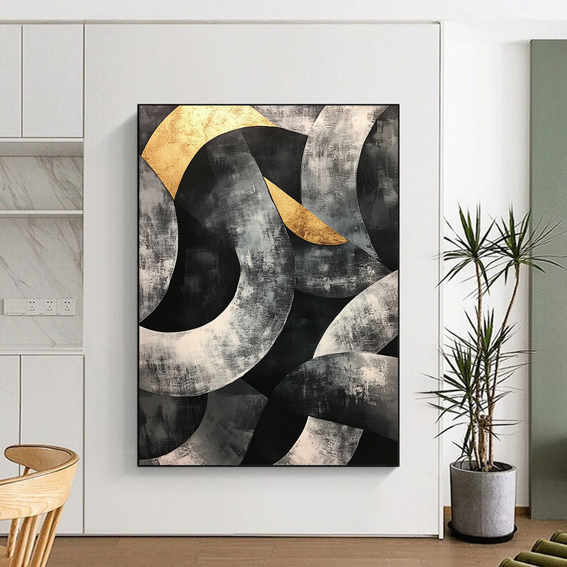 Gray, Black, Gold and Silver Geometric Abstraction "Complex Circles" Painting On Canvas HB400