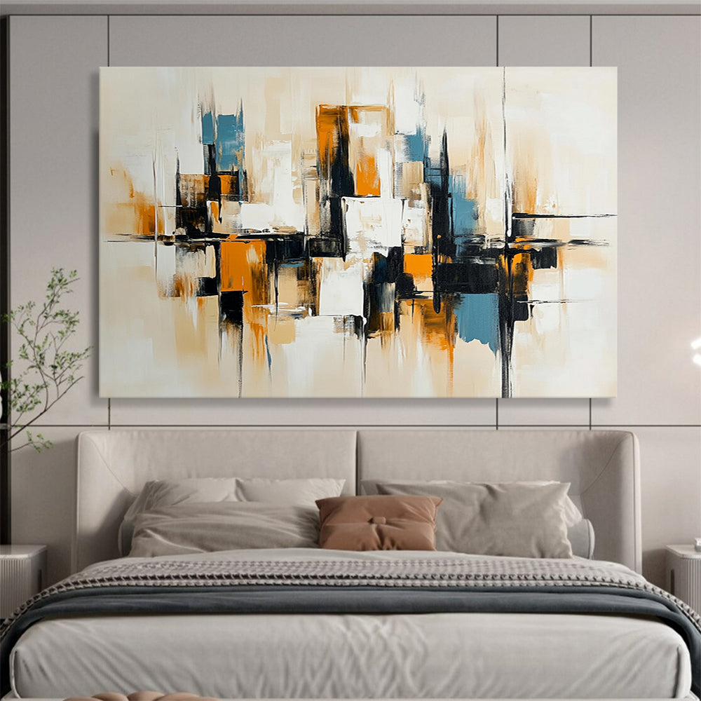 “Neutral Urban Abstraction” - Beige, Black, White, Abstract Minimalist Cityscape Painting On Canvas HB1081