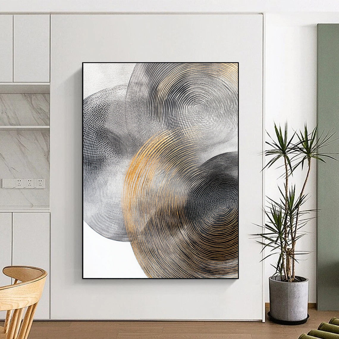 Gray, Silver, Black and Gold Abstract Circles "Celestial Rhythms" Painting On Canvas HB379