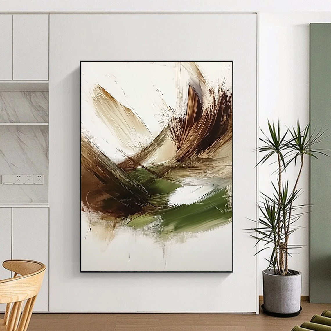 Contemporary hand-painted abstract art features a rich green, brown, and white palette with textured brush strokes and a dark beige backdrop. DLZ0447