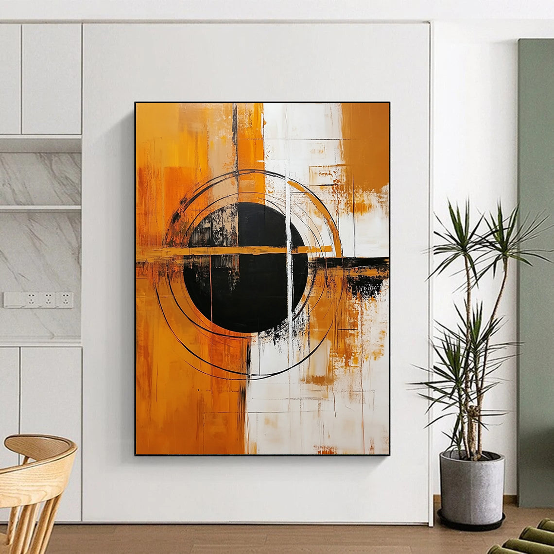 Large contemporary hand-painted abstract artwork featuring a central black circle on an orange and white background with geometric shapes and bold colors. DLZ0505