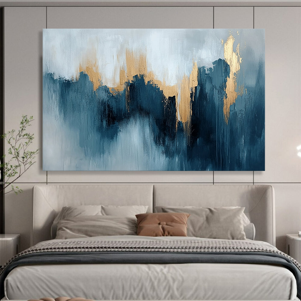 “Teal - Gray Abstract with Gold Peaks” - Teal, Gray, Gold, Mountain - Like Shapes Painting On Canvas HB0827
