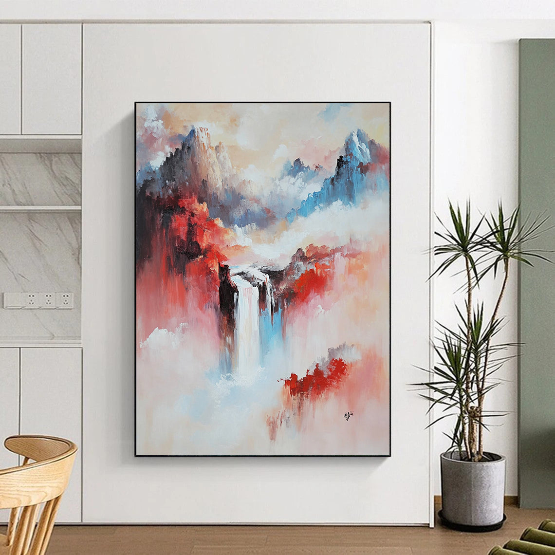 Large contemporary abstract painting featuring a mountainous Chinese landscape with a vibrant waterfall in pink and red tones. DLZ0605