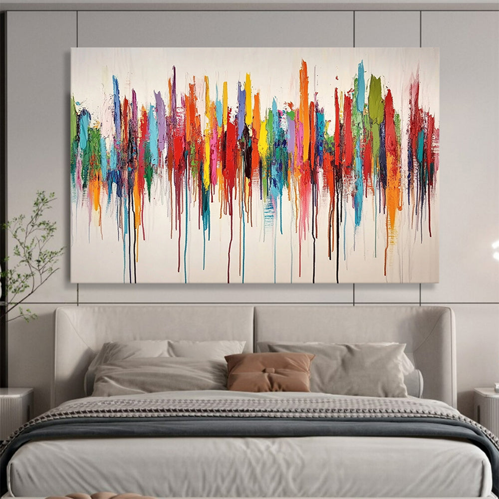 “Colorful Dripping Melody” - Rainbow hues; Vertical colorful drips on a white background; Drip - style Acrylic Painting On Canvas HB1197