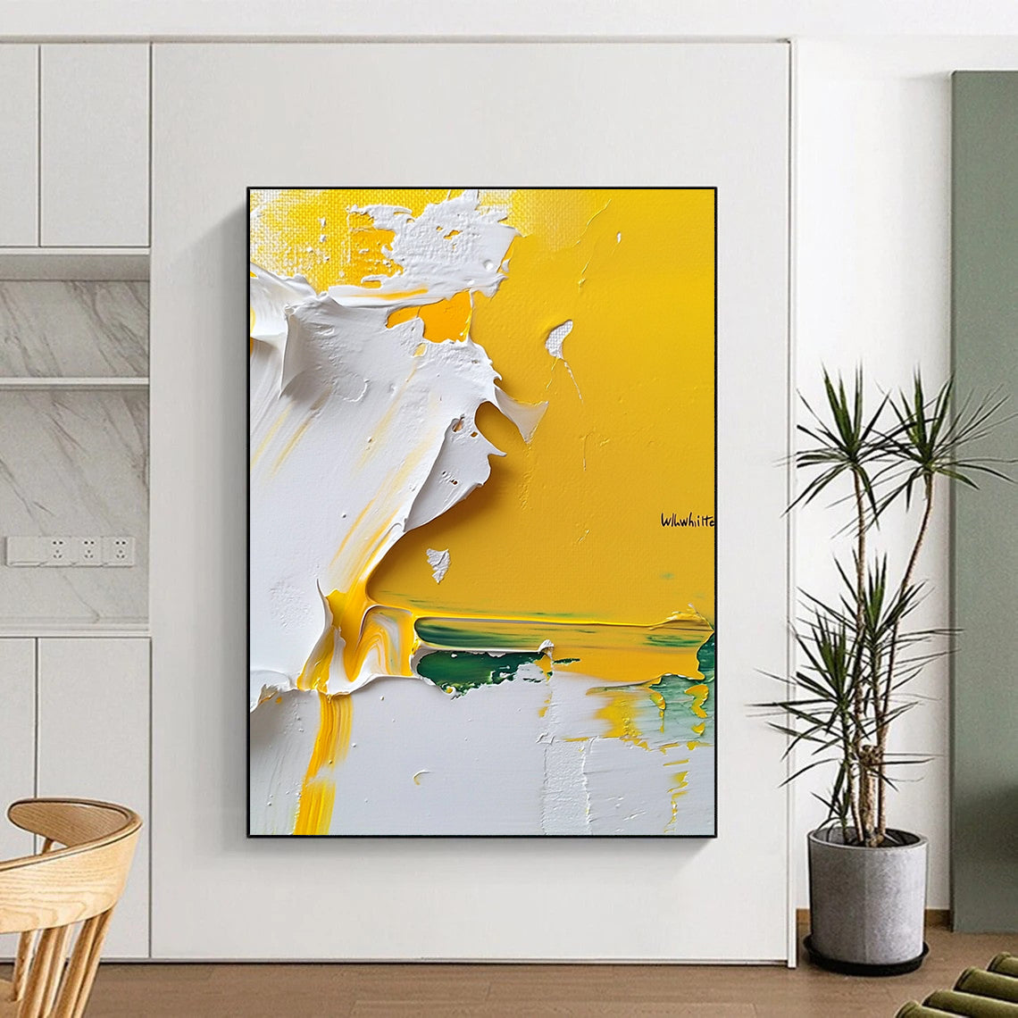 Contemporary hand-painted abstract artwork features vibrant yellow and white textures on a pure white background showcasing intricate impasto techniques. DLZ1185