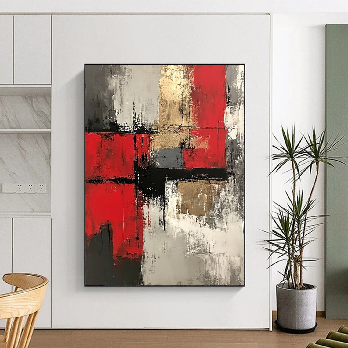 Red, Gray, Gold, Dynamic Blocks "Gilded Chaos" Abstract Expressionist Painting On Canvas HB143