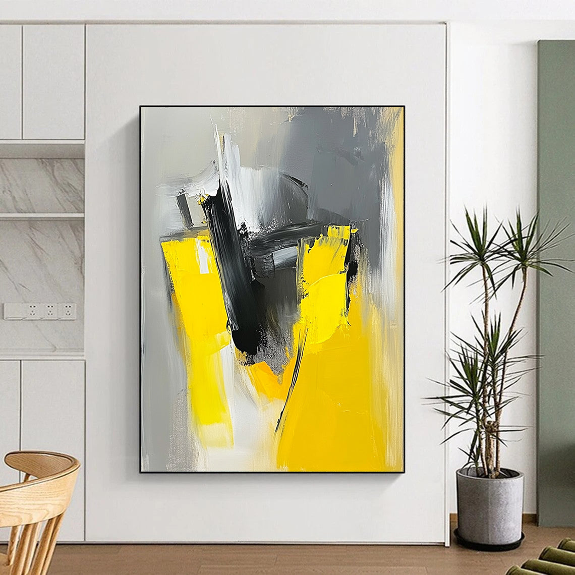 Large contemporary hand-painted abstract artwork featuring loose brush strokes in a striking gray and yellow color palette. DLZ0863