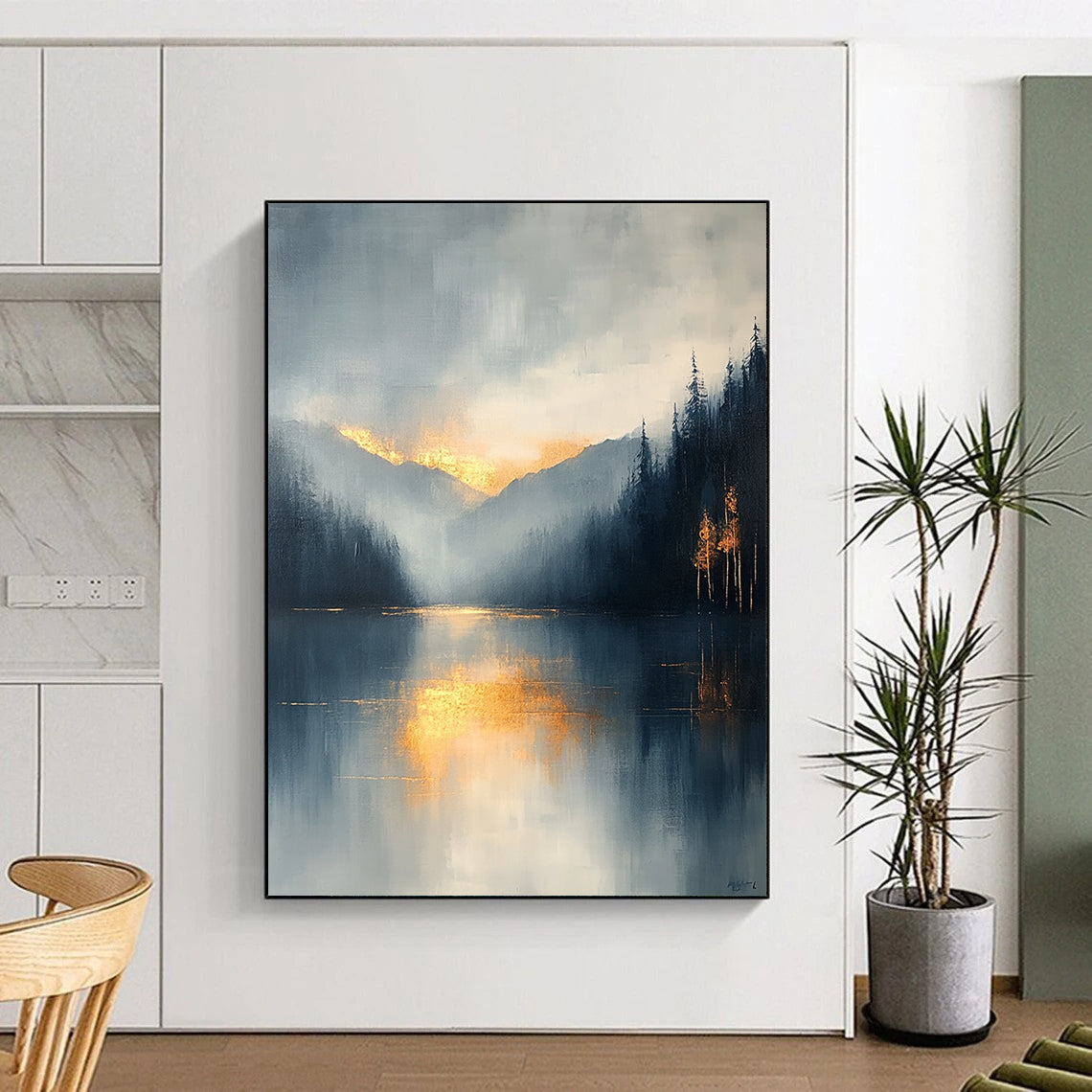Contemporary abstract painting featuring a misty light blue and gray sky with gold leaf accents and visible brush strokes for an atmospheric effect. DLZ0514