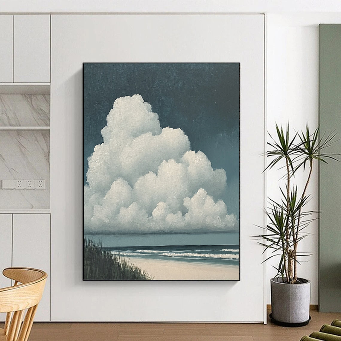 Contemporary hand-painted abstract art featuring clouds on the beach with large white clouds and a dark blue sky in muted colors. DLZ1679