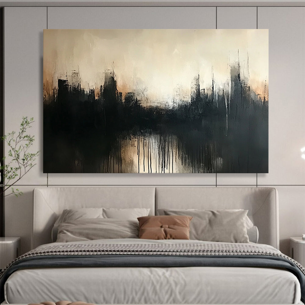 “Misty City Silhouette” - Black, Gray, Beige, Abstract Hazy Cityscape Painting On Canvas HB1077
