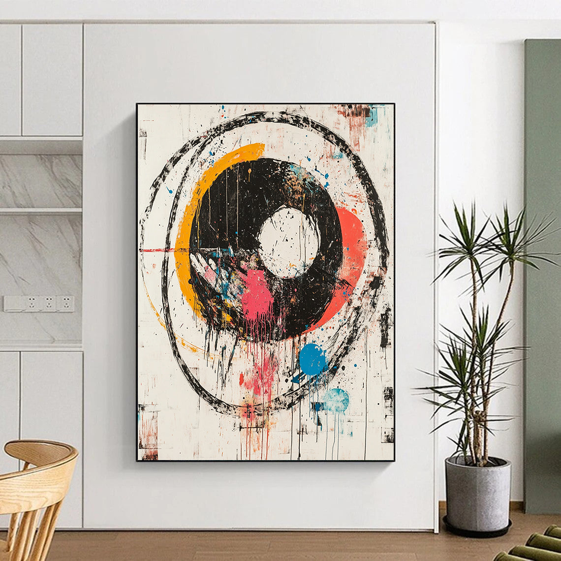 Colorful Circular Splashes with Black Rings - “Vibrant Chaos Orbit” Painting On Canvas HB181