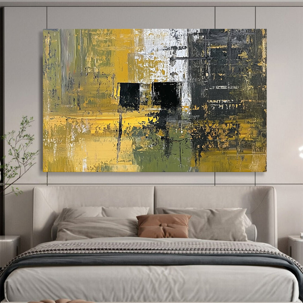 “Industrial Yellow - Green Abstract” - Yellow, Green, Black with Geometric Shapes - Painting On Canvas HB1397