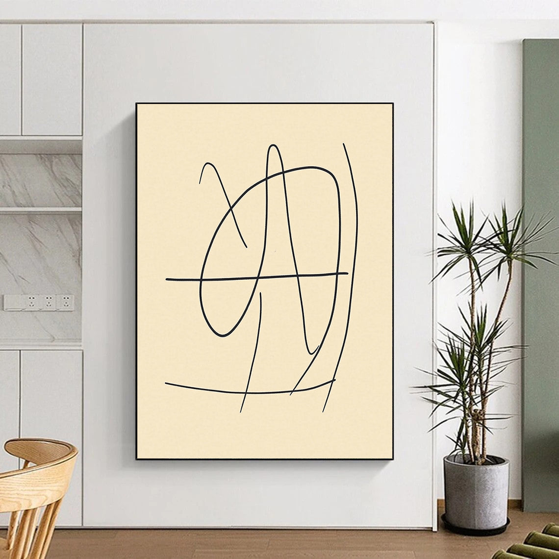 Contemporary abstract art featuring a minimalistic line drawing of the number 4 in black on beige, inspired by Matisse's style. DLZ0422