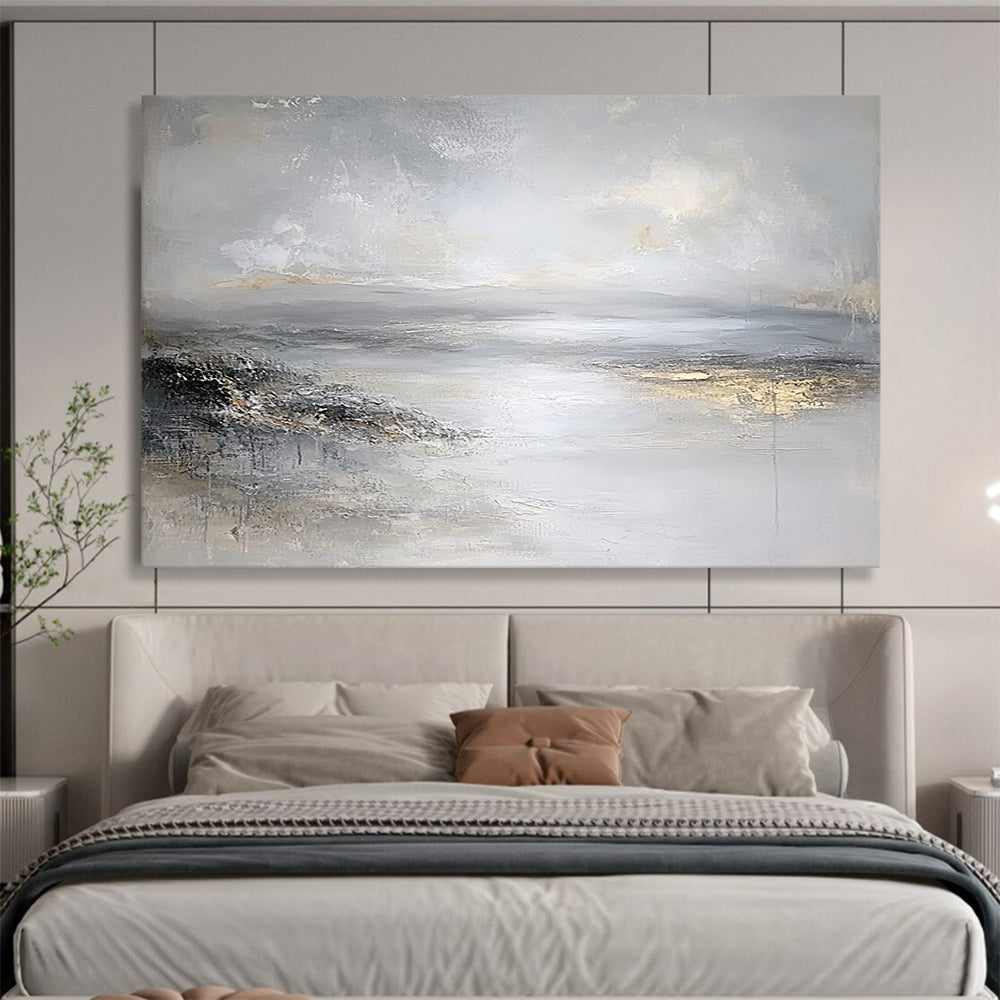 “Gray - Gold Abstract Waterscape” - Gray, Gold, Abstract Waterscape Painting On Canvas HB1111