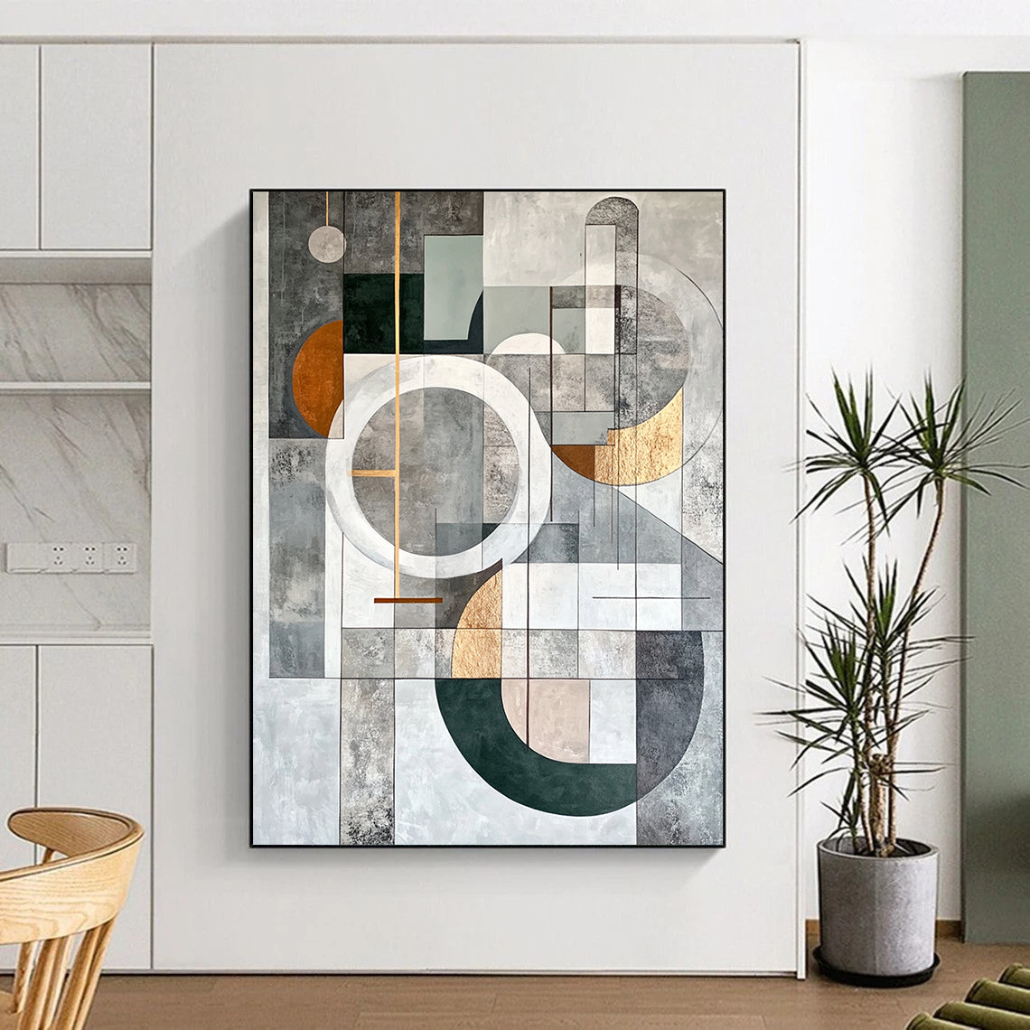 Gray, Yellow, White, Black and Beige Geometric Abstraction "Sunny Geometry" Painting On Canvas HB387