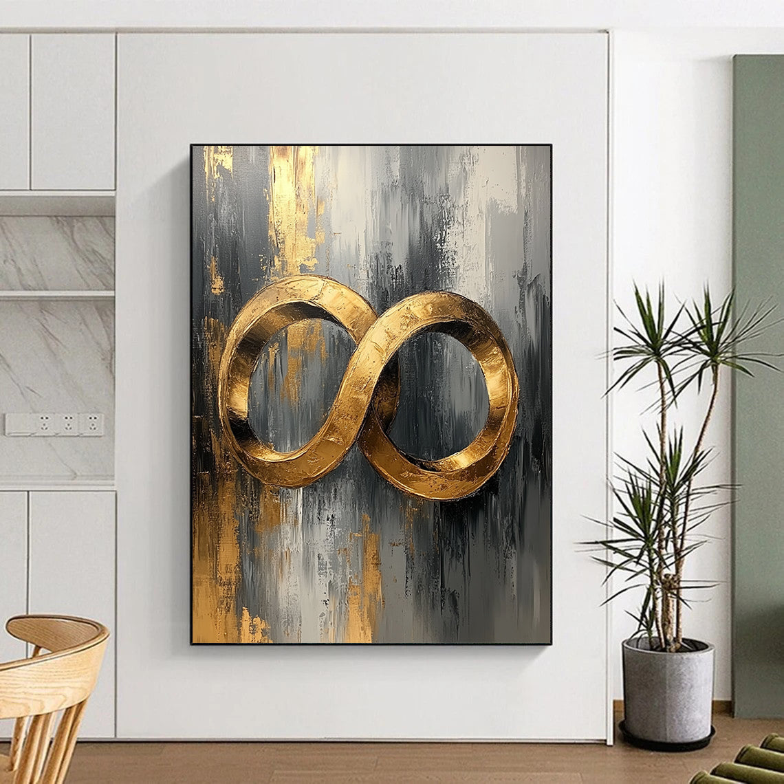 Contemporary abstract oil painting featuring golden rings in gray and white with gold leaf accents on canvas texture for a stunning UHD display. DLZ0482