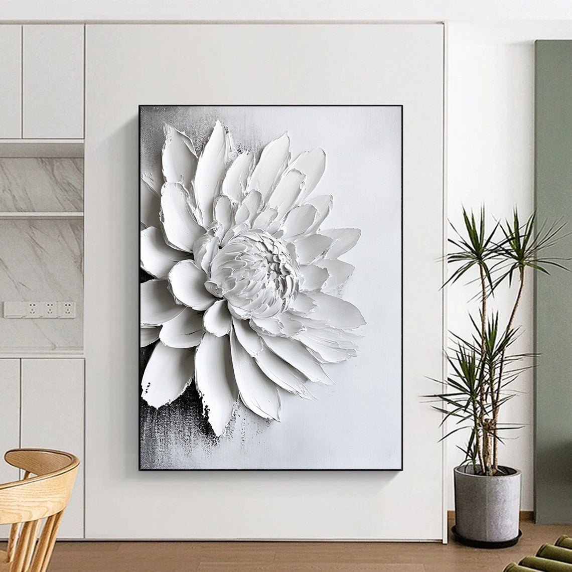 Contemporary abstract art featuring a textured white chrysanthemum painting on canvas, creating a striking monochrome aesthetic for modern interiors. DLZ0831