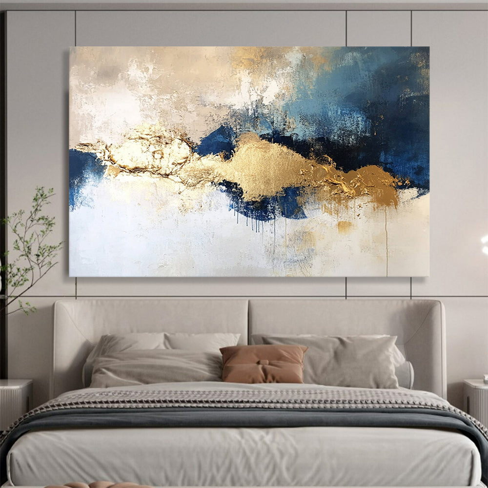 “Textured Gold - Blue - Gray Clouds” - Gold, Blue, Gray, White, Cloud - Like Shapes Painting On Canvas HB0823