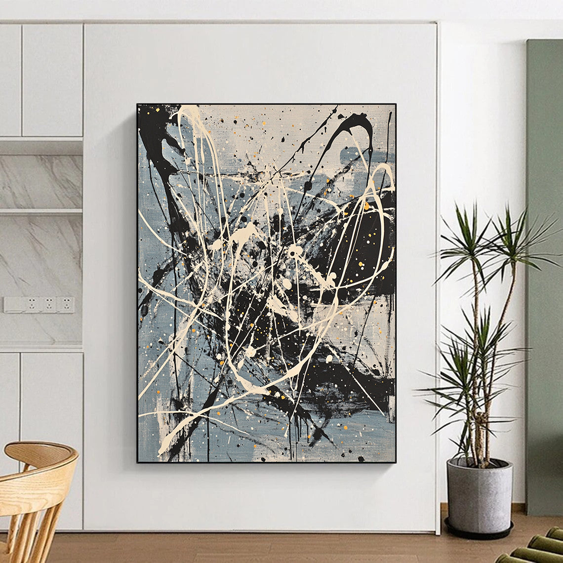 Gray, Black, White, Yellow, Splattered Cords "Dynamic Network" Abstract Expressionist Painting On Canvas HB066