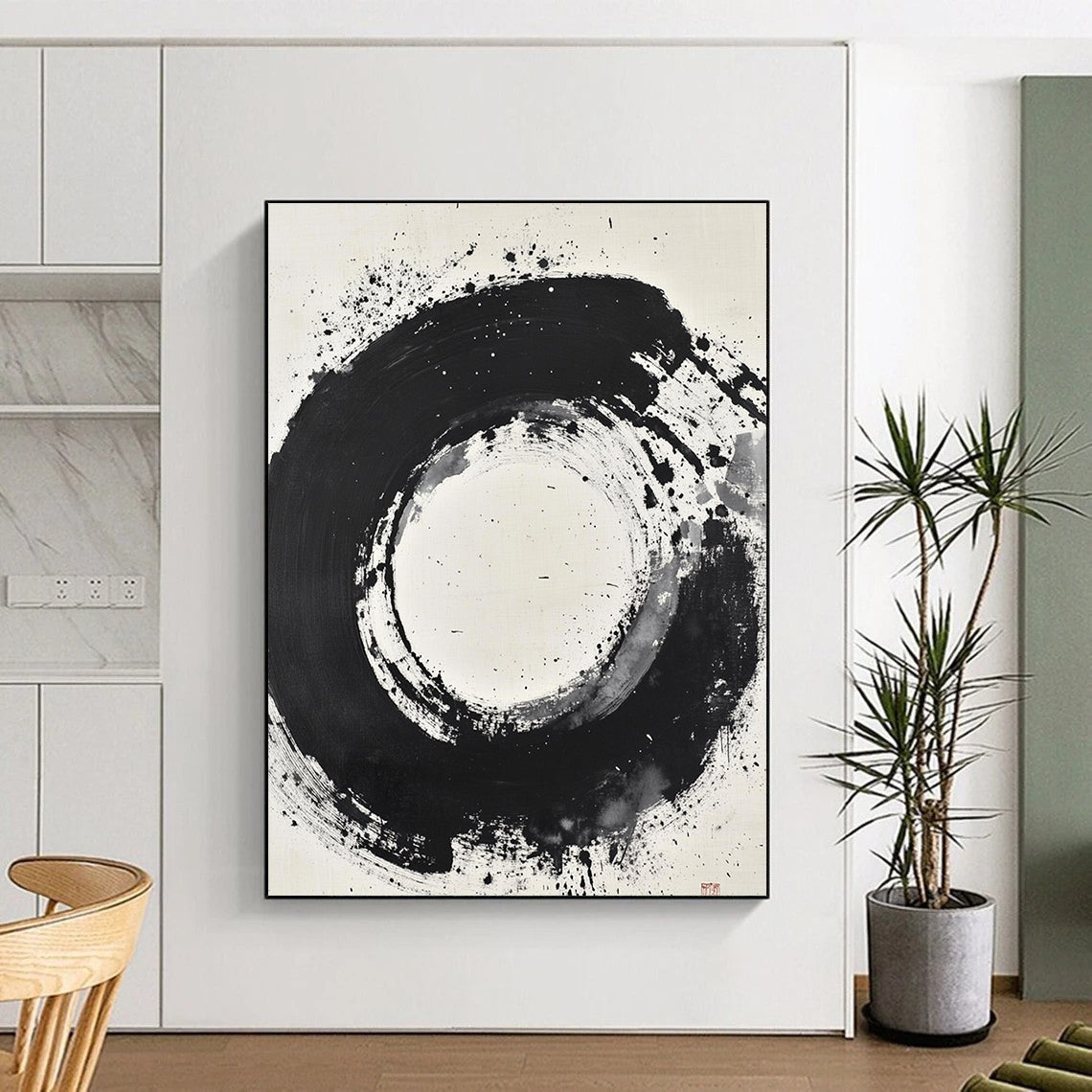 Black and White Splattered Circle "Cosmic Enso" Painting On Canvas HB280