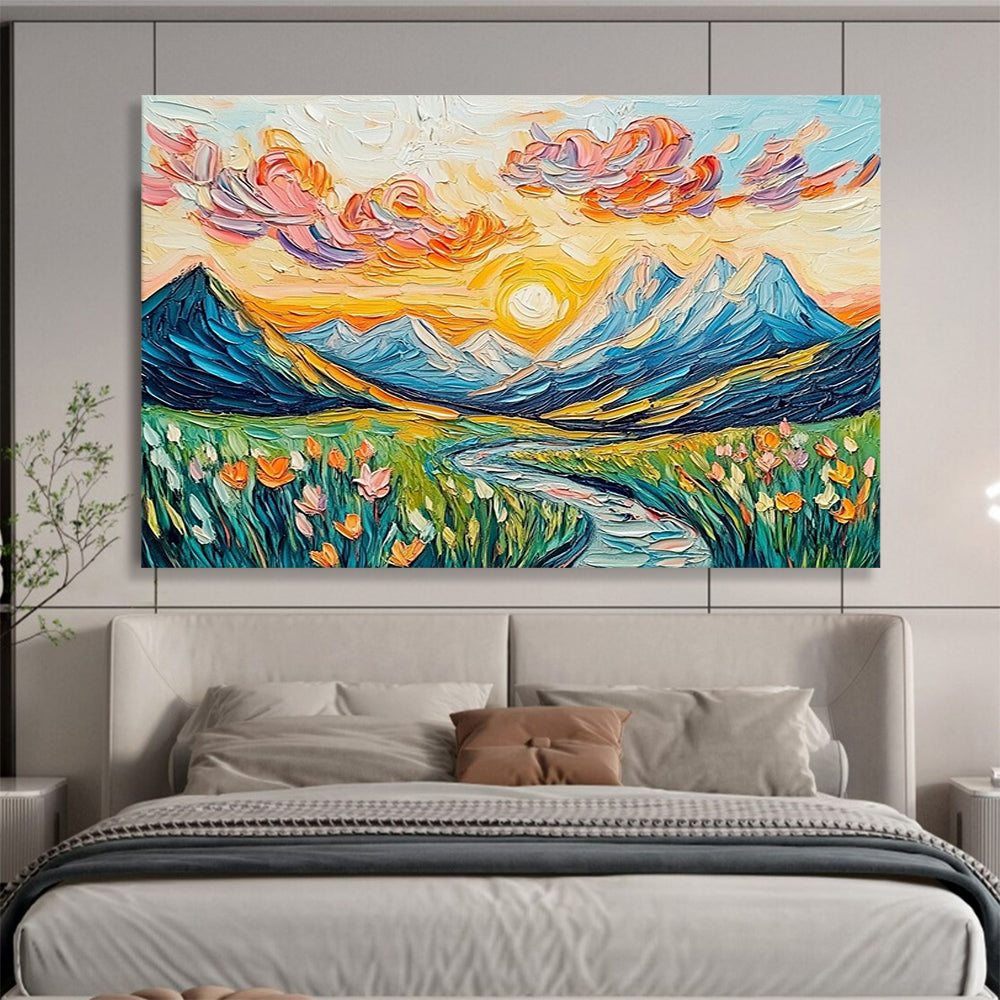 “Sunset Mountain Valley” - Colorful, Mountain, River, Flowers Painting On Canvas HB0746