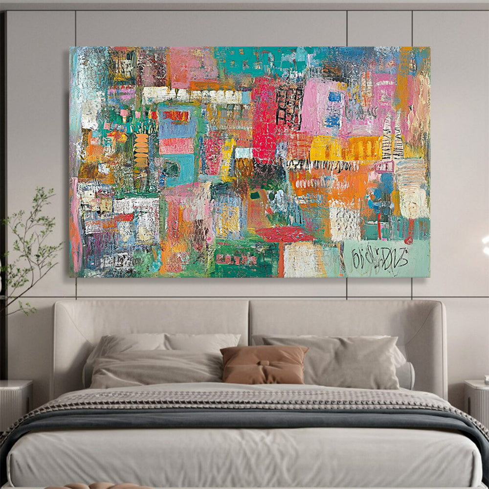Colorful Urban Mosaic Collage – Mixed - Media Abstract Cityscape Painting HB1473