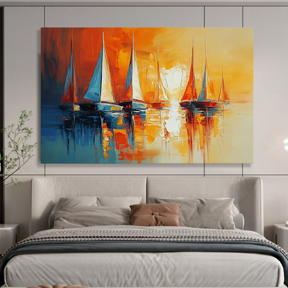 “Sunset Sails” - Orange, yellow, blue; Sailboats on calm water at sunset; Impasto Oil Painting On Canvas HB1166