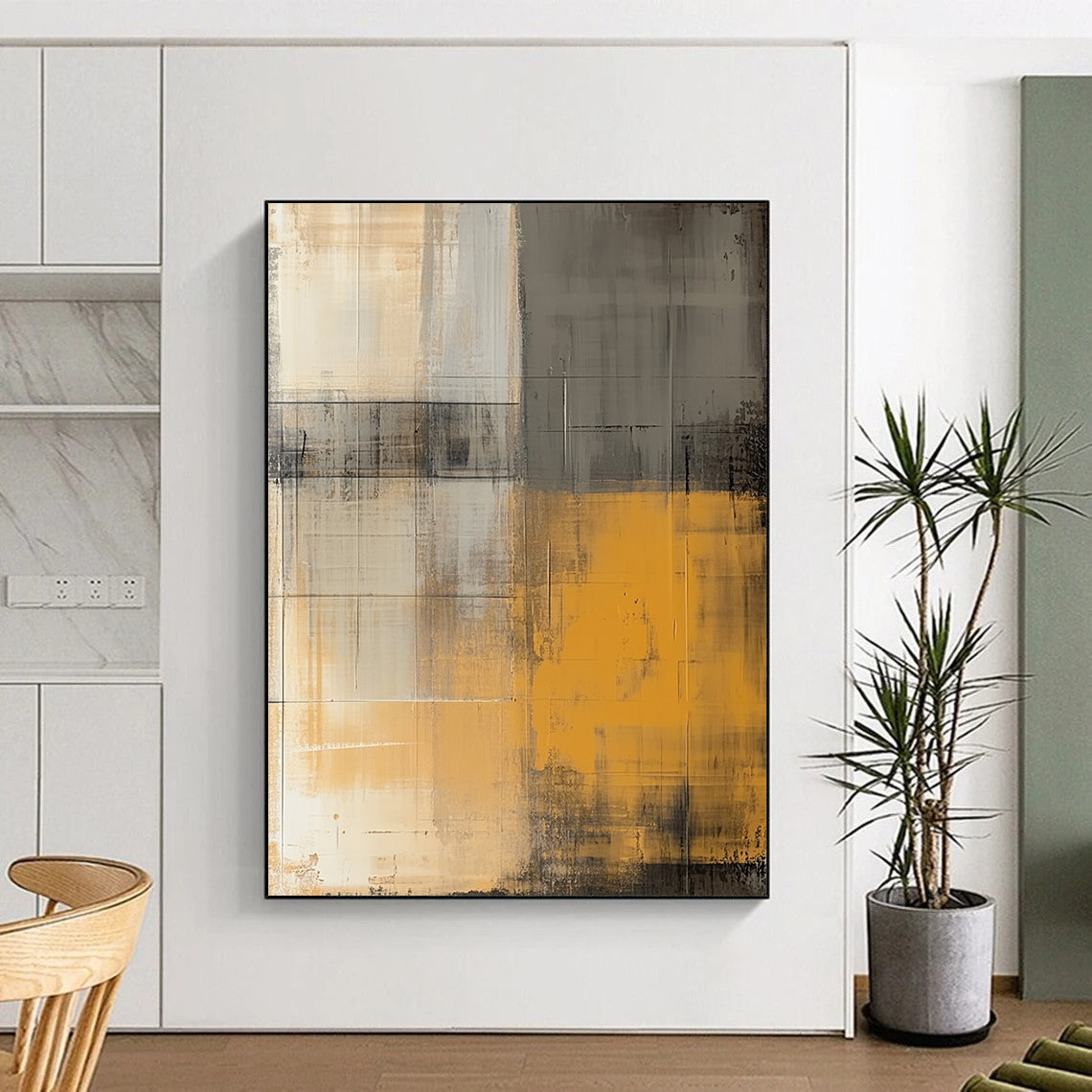 Contemporary abstract artwork featuring an urban city wall in muted yellow and beige hues with a textured vintage aesthetic inspired by Euan Uglow. DLZ0587