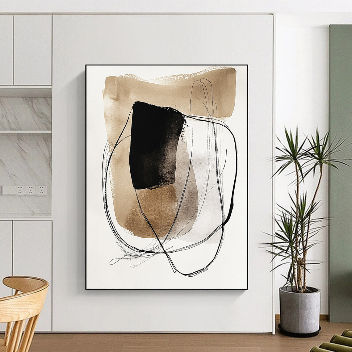 Modernist abstract art featuring watercolor and ink wash with earthy tones and minimalist shapes on a beige background for a unique aesthetic. DLZ1726
