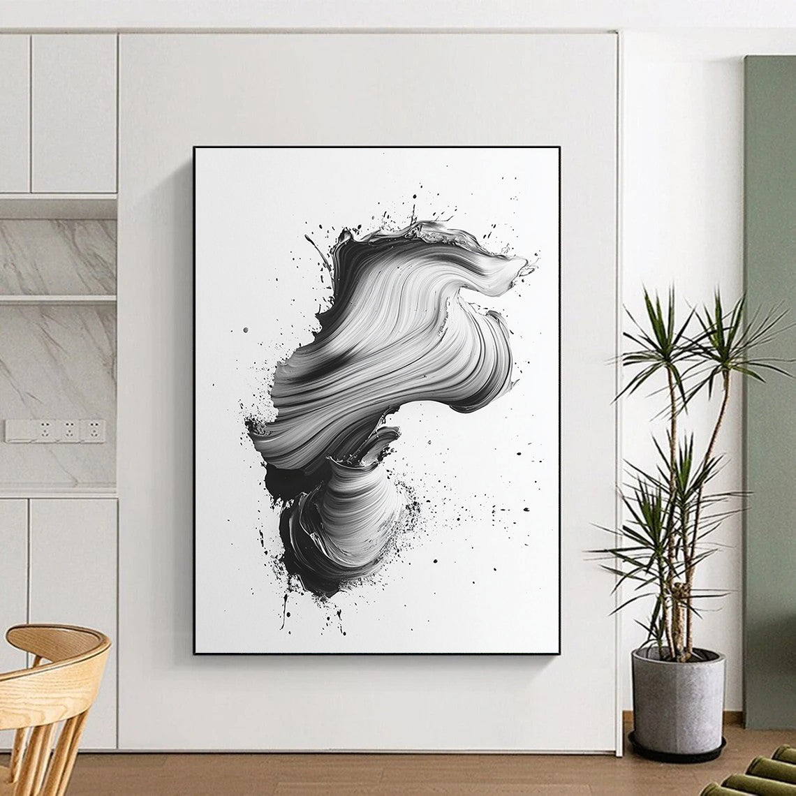 Black & Gray Swirled Brushstrokes on White - “Textured Ink Flow” Painting On Canvas HB220