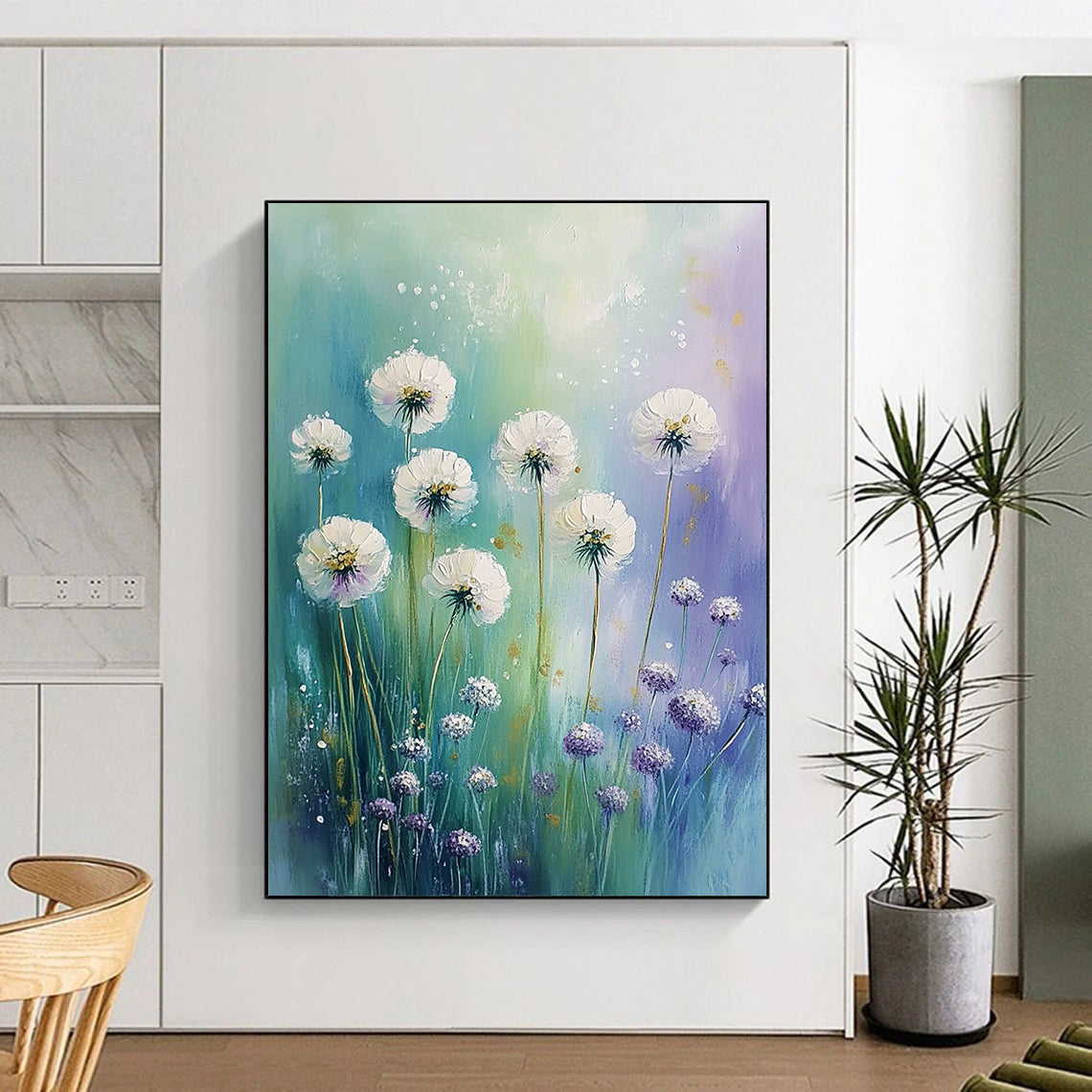Contemporary abstract painting featuring white flowers, dandelions, and alliums in pastel hues against a green blue purple sky with gold accents. DLZ0821