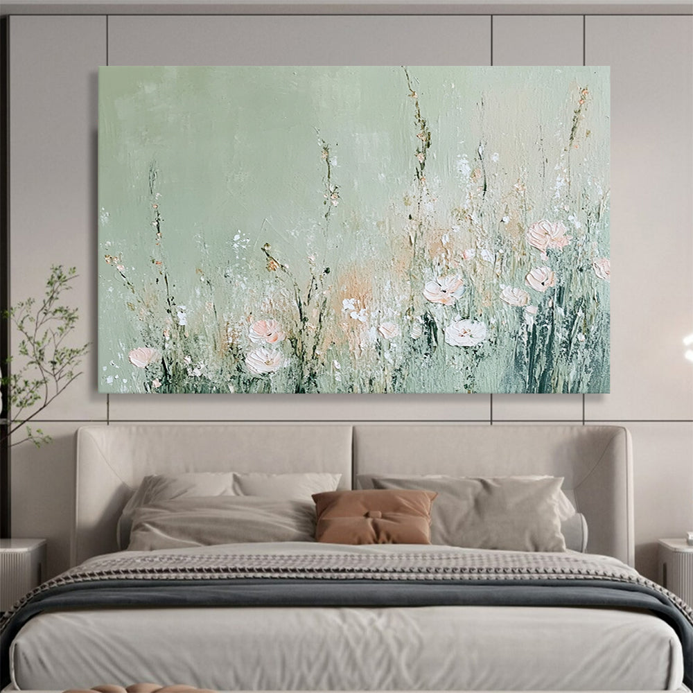 “Minimalist Floral on Sage” - Sage, Pink, Flowers, Textured Painting On Canvas HB0758