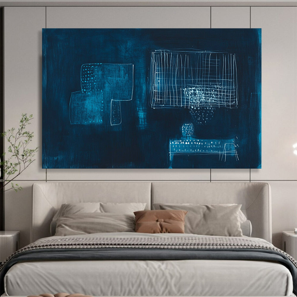 “Abstract White Shapes on Dark Blue” - Expressive Abstract Painting On Canvas HB0525