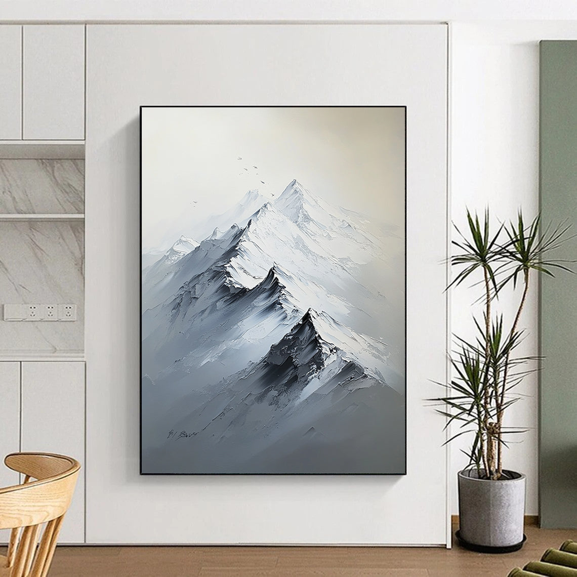 Contemporary hand-painted abstract artwork featuring a large snow-capped mountain range in white and gray tones with rich textures and strong light contrast. DLZ1290