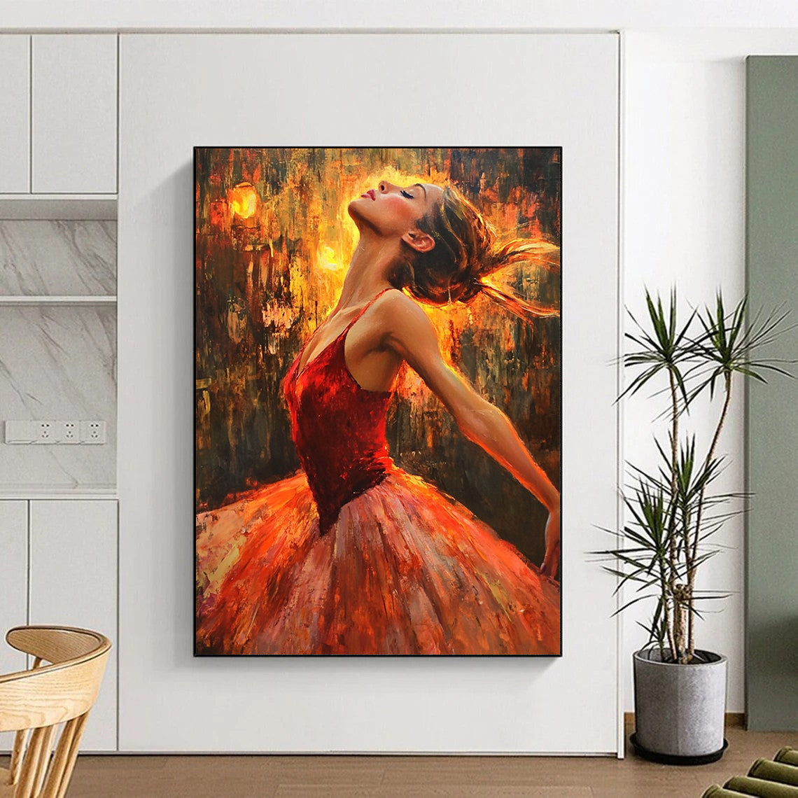 Contemporary hand-painted artwork capturing a ballerina in red dancing gracefully amidst firelight, with a focus on her expressive face. DLZ1091