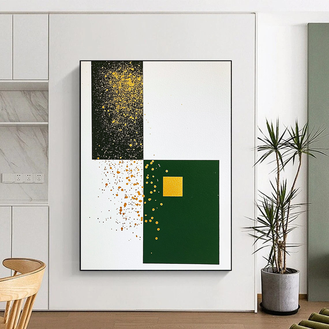 Contemporary abstract artwork featuring minimalist Japandi style with gold ink splatters on white paper and a dark green cardstock centerpiece. DLZ1613