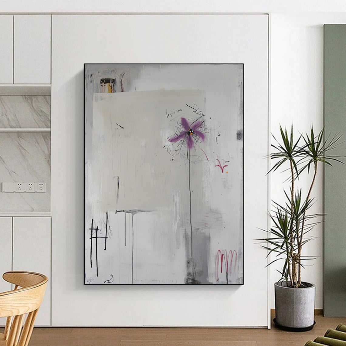 Contemporary abstract art features white canvas with scribbles, handwritten elements, light grey background, central purple flower, and defined black lines. DLZ1084