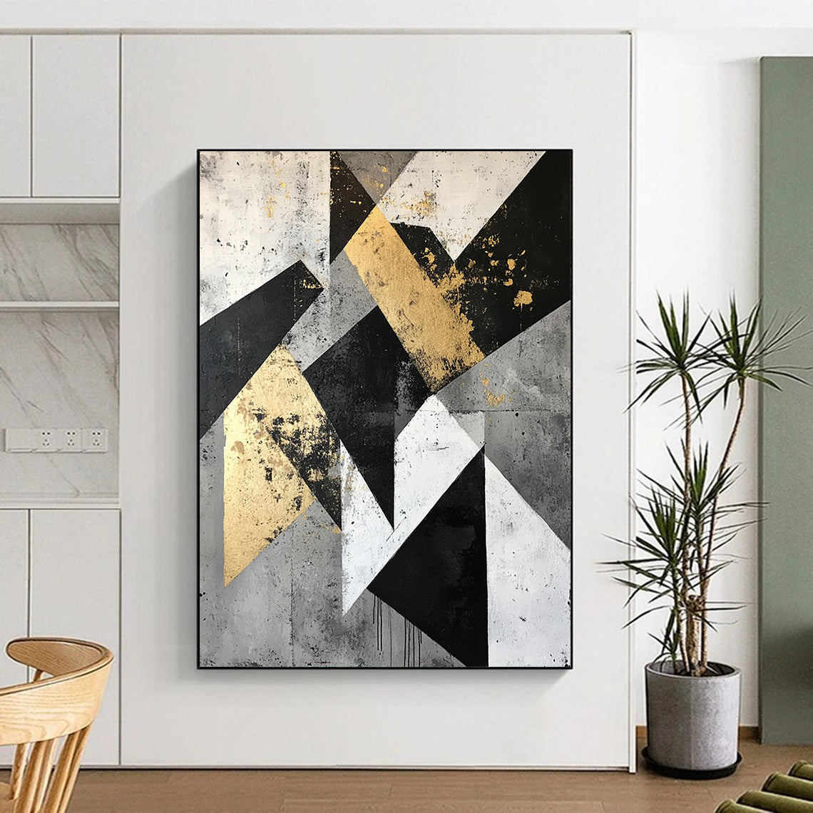 Gold, Black, Gray, White with Angular Shapes "Geometric Edge" Abstract Painting On Canvas HB006