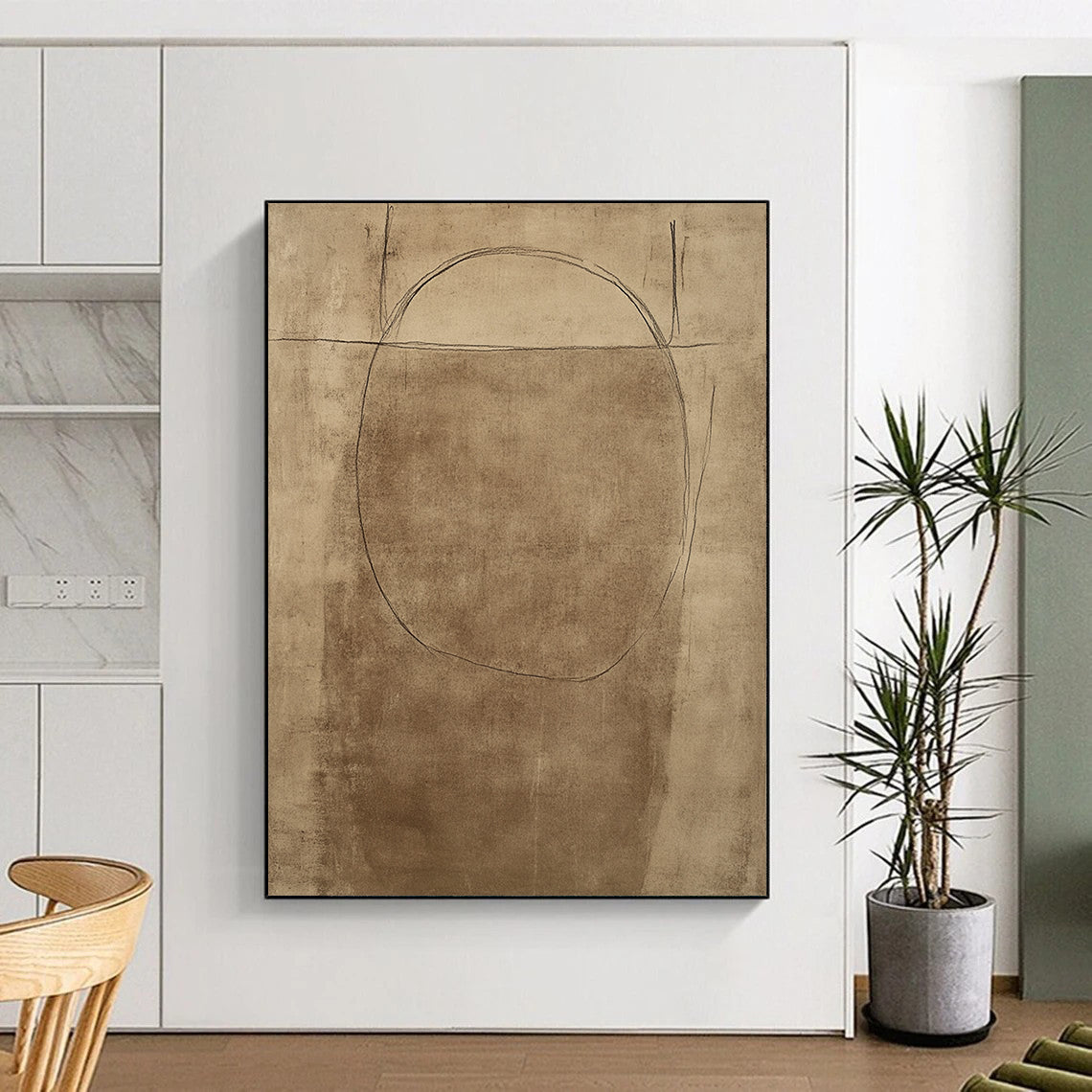 Contemporary hand-drawn abstract artwork showcasing a simplistic figure design with soft curves and a warm brown background. DLZ1469