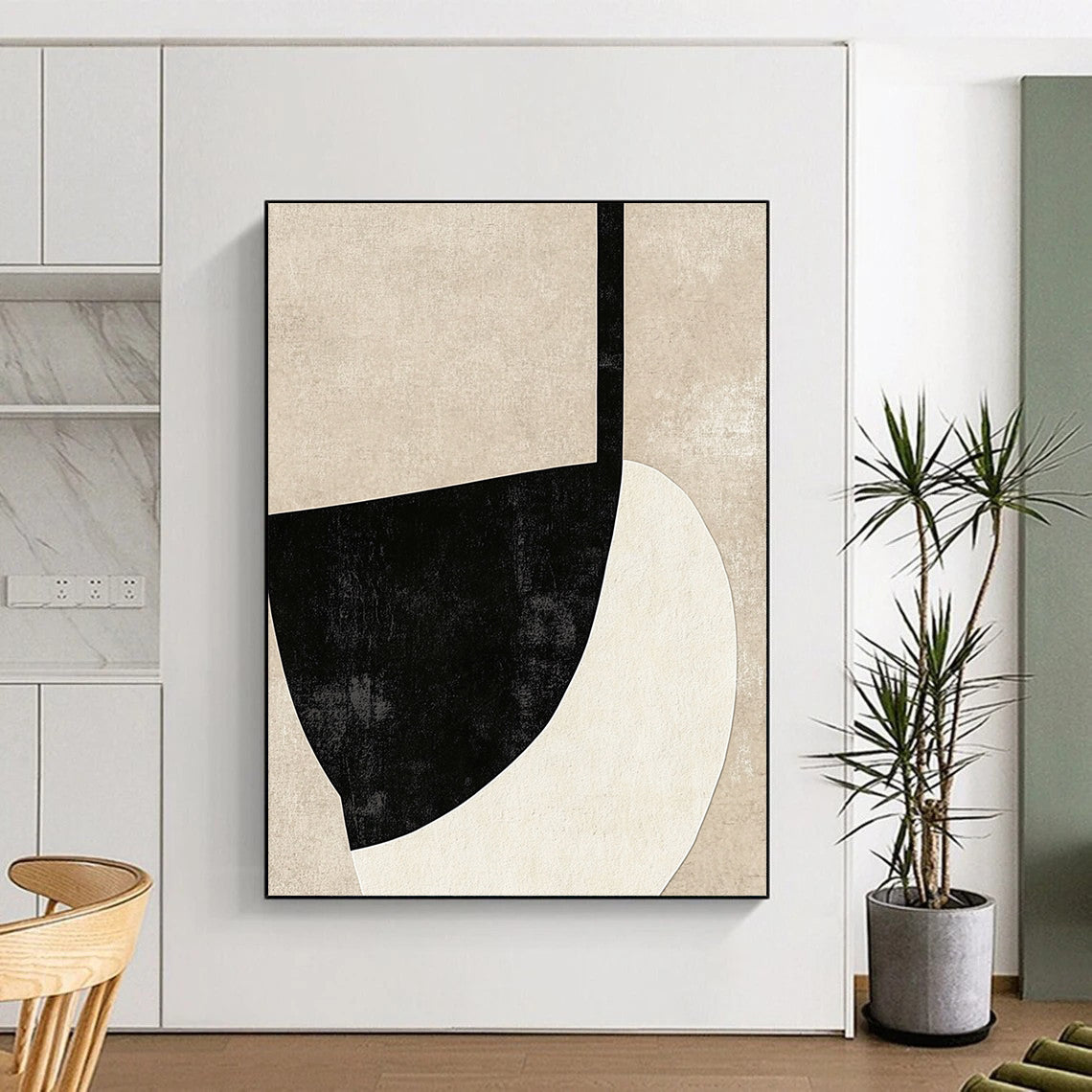 Contemporary hand-painted abstract artwork featuring bold black outlines on textured beige background ideal for minimalist wall decor. DLZ1467