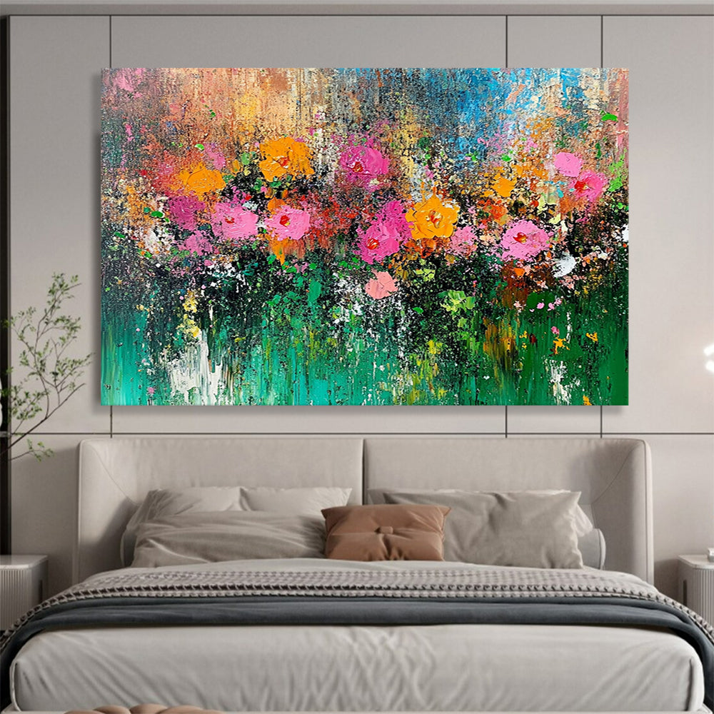 “Wildflower Symphony” - Pink, orange, yellow, green; Thick, textured blooms in a vibrant field; Impasto Floral Oil Painting On Canvas HB1172