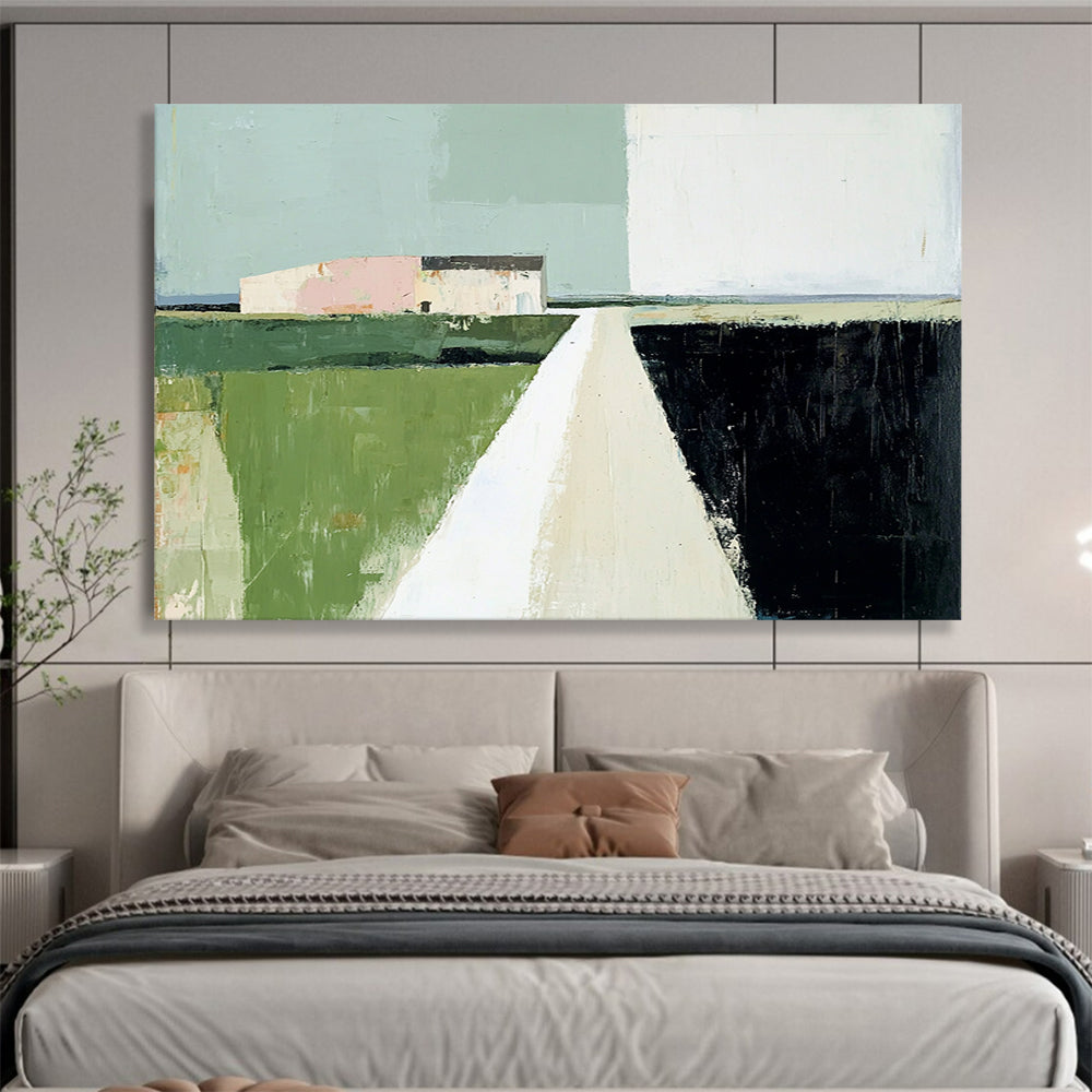 Green, Pink, Blue and Black Minimalist Landscape "Quiet Path" Painting On Canvas HB0658