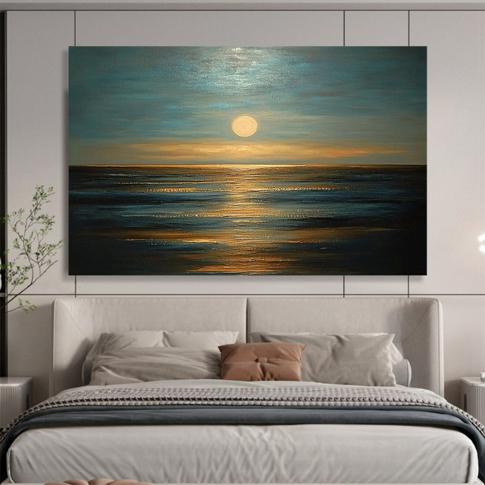 “Moonlit Ocean Calm” - Cool Blues, Silvery Whites, Warm Golds, Ocean at Night - Impasto Oil Painting HB1755