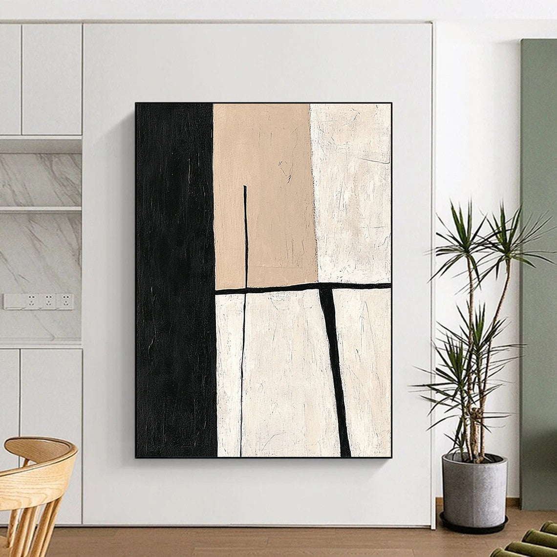 Contemporary hand-painted abstract work featuring minimalistic shapes in a balanced neutral palette of beige and black for an elegant modern aesthetic. DLZ0936