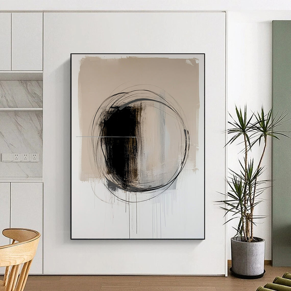 Contemporary hand-painted abstract artwork featuring a black oval with dynamic brush strokes on a serene light beige background. DLZ1010