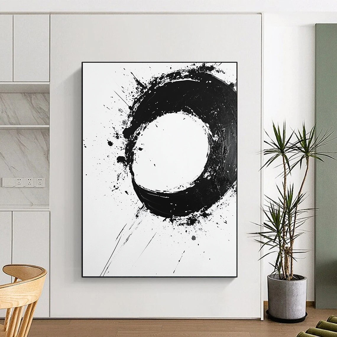 Black Splattered Circular Ink - “Expressive Enso Mark” Painting On Canvas HB232