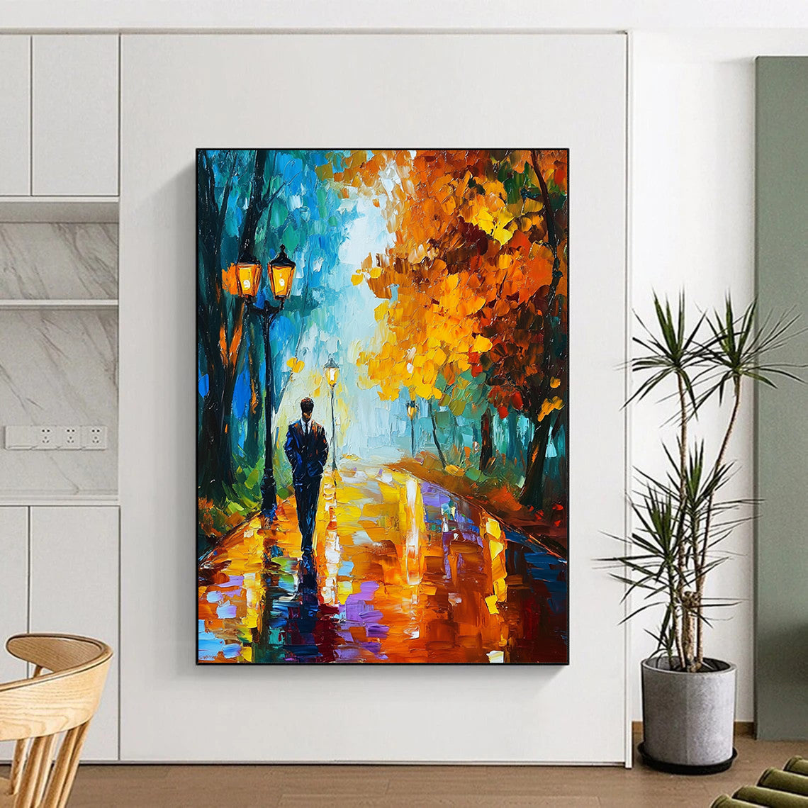 Vibrant contemporary abstract painting of a man strolling through an autumn park filled with colorful trees and glowing street lamps reflecting rain on his suit. DLZ1305