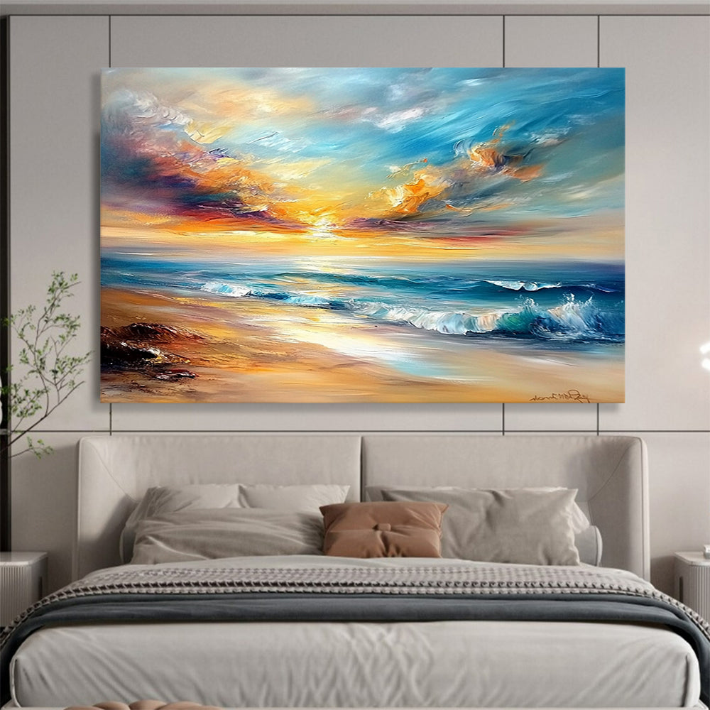 “Vibrant Beach Sunset” - Oranges, Pinks, Blues, Colorful Ocean Sunset - Impasto Oil Painting HB1600