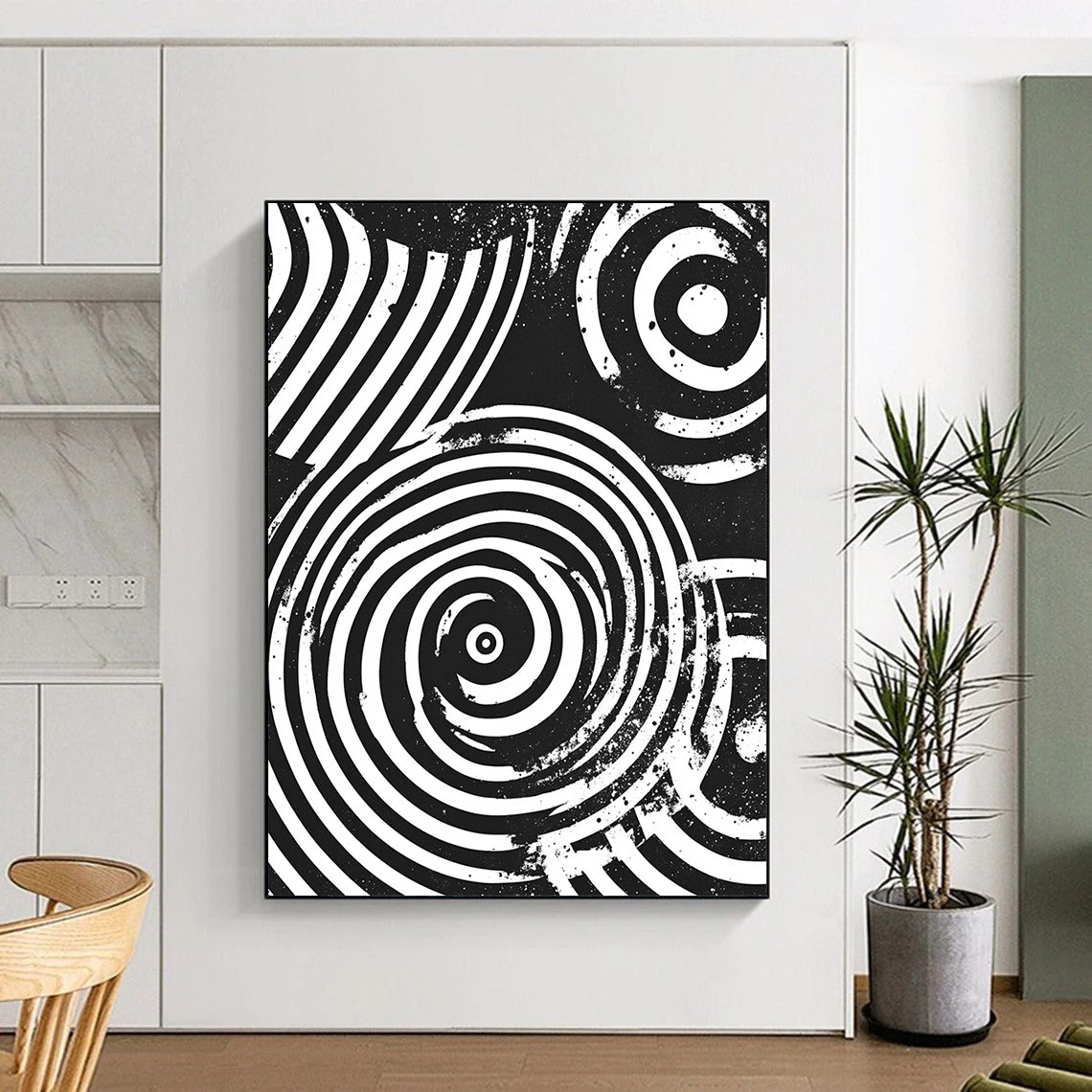 Black and White Concentric Circles "Perceptual Spin" Painting On Canvas HB284